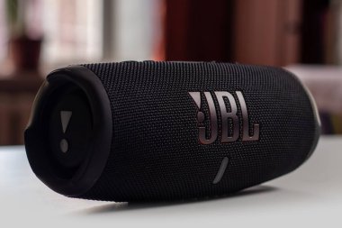 Dnioro Ukraine. 27 january 2023: Close up of the JBL Charge 5 column on boat. Portable Bluetooth speaker