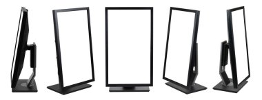 collection of vertical computer monitor with empty screen isolated on white background