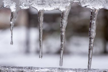 bulutsuz bir günde güzel parlak şeffaf buz sarkıtları asmak,