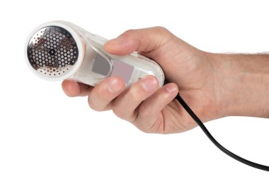 Machine for removing pellets in men's hands. Modern technologies for restoring old clothes. Device to remove lint from clothes