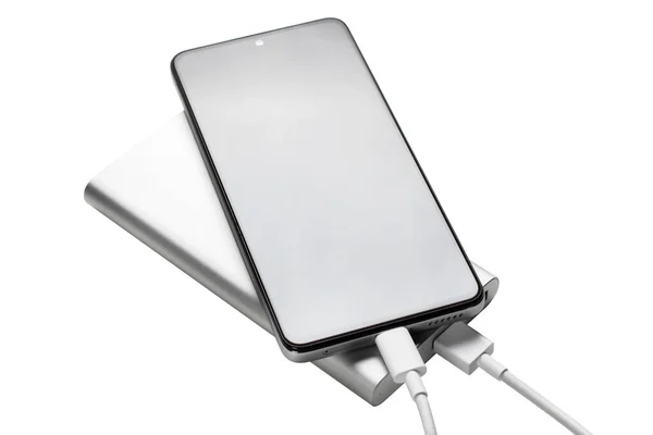 Smartphone Charging Power Bank White Background — Stock Photo, Image