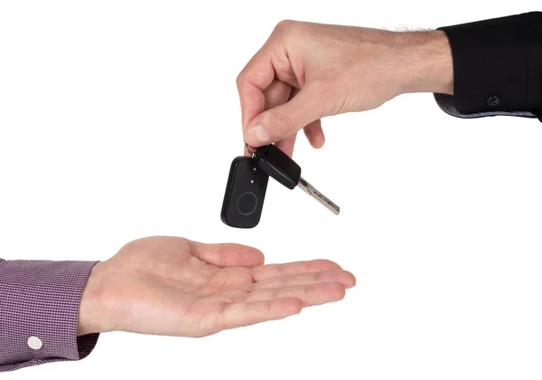 Two Hands Giving Taking Car Key Isolated White Background — Stock Photo, Image