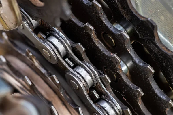 Cassete Corrente Uma Bicicleta Montanha Close Fundo Preto — Fotografia de Stock