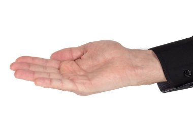 Adamın eli gömlekli beyaz arka planda izole edilmiş bir şeye yalvarıyor. Avuç içi yukarı, yakın.