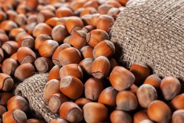 Fındık, fileto eski ahşap masada. Fındık yığını ya da fındık yığını. Fındık arkaplan, sağlıklı yiyecek..