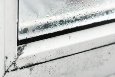 Standart olmayan metal-plastik bir pencereye yoğunlaştırılmış ve siyah küf damlaları. Plastik. Ekoloji,