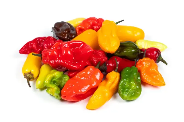 Pile Colorful Hot Peppers White Background — Stock Photo, Image