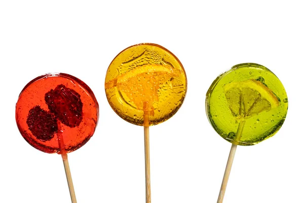 Sweet Colorful Lollipops Dried Fruits White Background —  Fotos de Stock