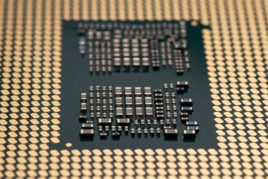 Cpu Gold Pins mikroçip işlemci bilgisayar bileşeni teknolojisi. Makro fotoğrafçılık merkezi işlem birimi - hesaplama.