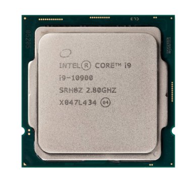 İşlemci Intel Core i9-10900 Merkezi İşlem Birimi mikroçipi, beyaz arka planda izole.
