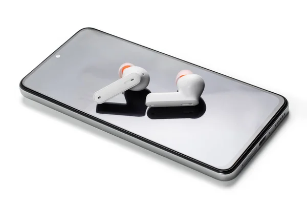 Wirelsss White Headphones Smartphone White Background — Stock Photo, Image