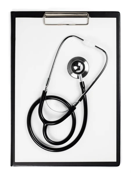 stock image Blank medical clipboard with stethoscope on white background concept. Copy space