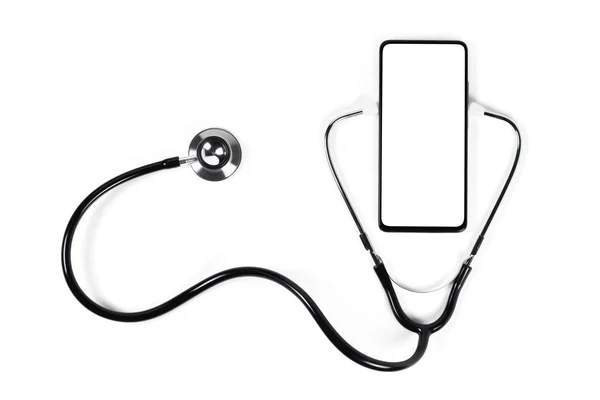 聴診器で携帯電話のモックアップが健康をチェックします 患者とのオンライン医療クリニック通信 テレメディシンの概念 医師オンライン相談の概念 — ストック写真
