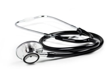 Beyaz arka planda siyah steteskop. Sağlık hizmetleri polisi