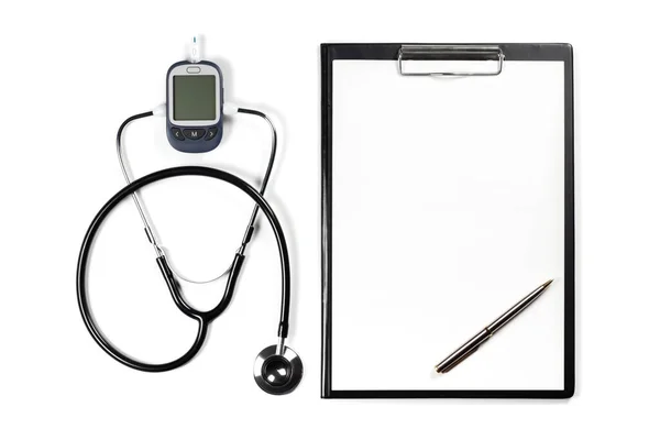 Diabetes Concept Stethoscope Glucometer Patient Medical Blank White Background Mockup — Stock Photo, Image