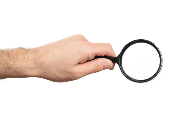 Man Hand Holding Classic Styled Magnifying Glass Closeup Isolated White — Stock Photo, Image