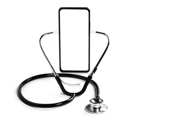 Steteskopla telefonun modeli sağlığını kontrol ediyor. Hastanla çevrimiçi tıbbi klinik iletişimi. Teletıp konsepti.. doktor online danışma konsepti.