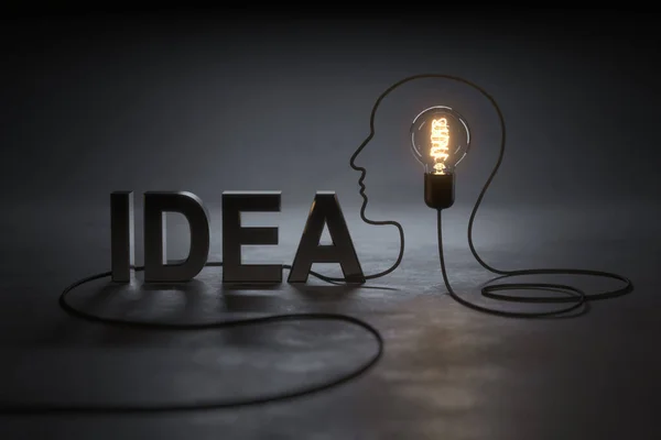 Idea. Creative thinking ideas and innovation concept. Glowing light bulb and head human symbol on dark background.
