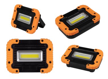 Farklı açılardan, soldan, sağdan, önden, arkadan, gölgesiz birkaç cep feneri seti beyaz bir arkaplanda izole edilmiş.