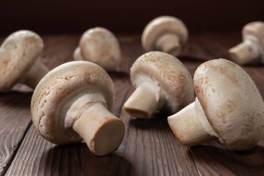 Tahta masada taze şampiyon mantarları, yakın plan.