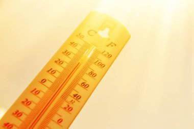 Heat, thermometer shows the temperature is hot in the sky, Summer. clipart