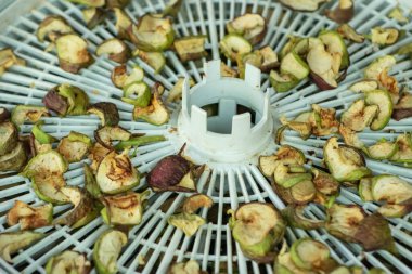 Elektrikli kurutucuda kurutulmuş elmalar. Merkeze seçici odaklanma,