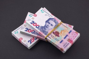 Bir yığın Ukrayna parası Hryvnia. Grivna, Hryvna ve 200 banknot..