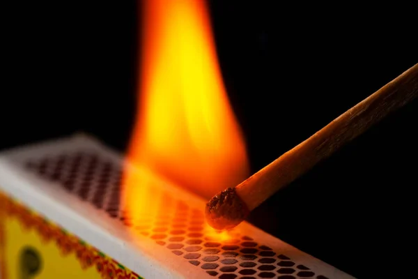 Matchstick Lights Struck Agains Flint Surface Match Box Everything Real — Stock Photo, Image