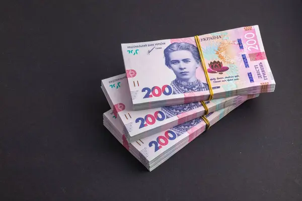 Hromada Ukrajinských Peněz Hřivna Grivna Hřivna 200 Bankovkami — Stock fotografie