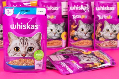 Dnipro, Ukrayna - 4 Ağustos 2023: Süpermarket raflarında satılmaya hazır çeşitli Whiskas kedi mamaları. Arka planda kedi maması