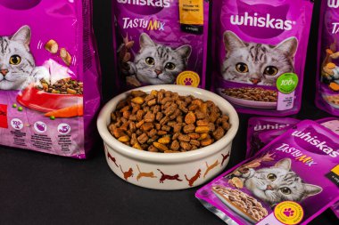 Dnipro, Ukrayna - 25 Ağustos 2023: Viski ürünleri, küresel kedi maması markası, Kedi ve yiyecek