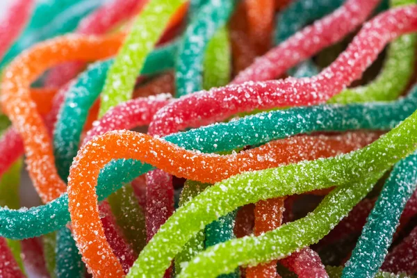 Multicolored Jelly Candies Shape Spaghetti Sprinkled Sugar Close — Stock Photo, Image