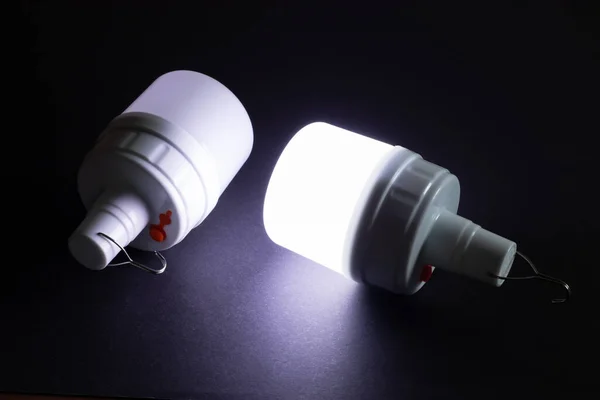 Two white emergency led bulbs with integrated battery.