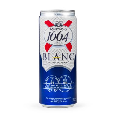 Kyiv, Ukraine - June 26, 2021: Studio shoot of Kronenbourg Blanc 1664 wheat beer with citrus can closeup on white. The company is owned by the Carlsberg Group.