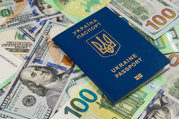 Ukrayna pasaportu ve 100 euro ve 100 dolarlık banknotlar.