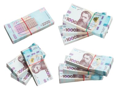 Beyaz arka planda izole edilmiş 1000 adet Ukrayna Hryvna bankası..
