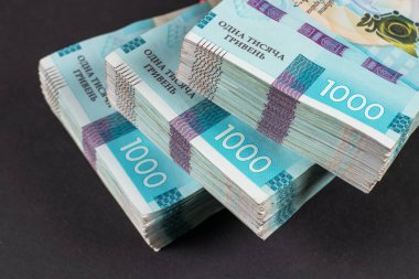 Bir yığın Ukrayna parası Hryvnia. Grivna, Hryvna ve 1000 banknot..