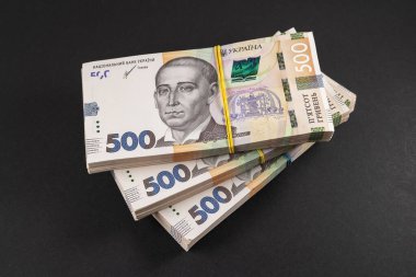 Bir yığın Ukrayna parası Hryvnia. Grivna, Hryvna ve 500 banknot..