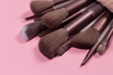 Pembe arka planda çeşitli makyaj fırçaları.
