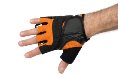 Beyaz arka planda bisiklet eldivenleri. Spor aletleri. Fitness. Elleri nasır ve nasırlardan korumak için kullanılan egzersiz eldivenleri..