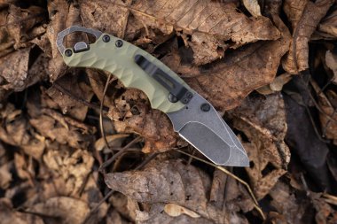 Ormanda kuru sonbahar yaprakları üzerinde askeri taktik bıçağı..