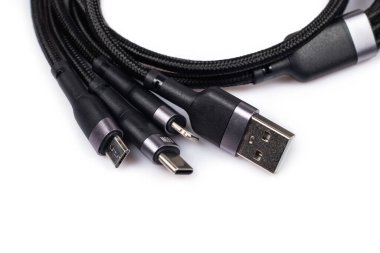 Farklı USB şarj eklentileri beyaz arkaplanda izole edildi. USB tip C, Micro USB.