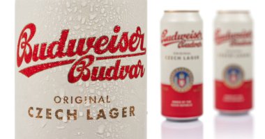 Dnipro, Ukrayna 14 Kasım 2023: Alüminyum Budweiser Budvar beyaz zemin üzerinde su damlaları bulunan bira kutusu. Budweiser, Budweiser Budvar tarafından Çek Cumhuriyeti 'nde yapılmıştır.