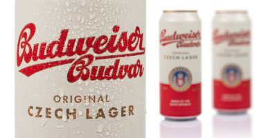 Dnipro, Ukraine 14 nov, 2023: Aluminium Budweiser Budvar lager beer in can with water drops on the white background. Budweiser is made by Budweiser Budvar in Czech Republic clipart