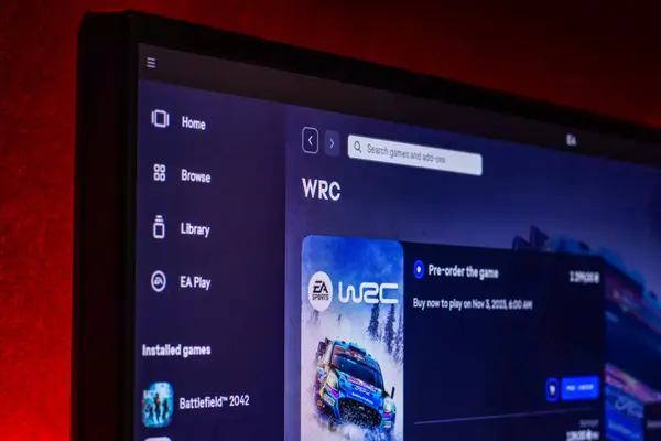 stock image Dnipro, Ukraine, oct 02, 2023: Close up of WRC logo in the in the EA Sports application. EA application is an online gaming platform.