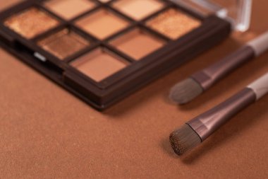 Açık kahverengi göz farı tozlu iki kozmetik fırça soluk çıplak göz farı renginde paletin üzerinde duruyor..