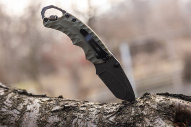 Ormandaki ağaçta askeri taktik bıçağı.