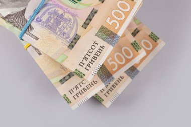 Bir yığın Ukrayna parası Hryvnia. Grivna, Hryvna ve 500 banknot..