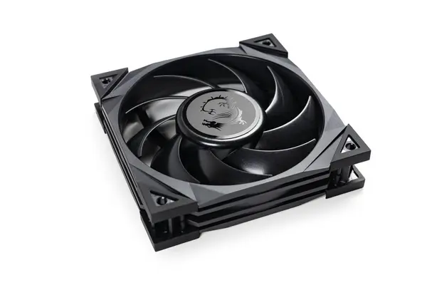 stock image Dnipro. Ukraine -19 june 2024: Black cooler MSI for computer or cooling system, CPU fan isolated on white background.