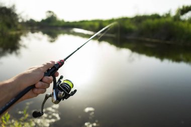Adam balık yakalar, gölde veya gölde balık tutarken olta çeker. Çubuklu balıkçı, nehir kıyısında dönen makara. Gün doğumu. Deniz kıyısında, gölde ya da gölette balık avlıyorum. Arka planda vahşi doğa.